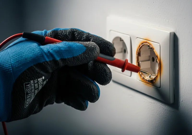 Elektriker prüft mit Multimeter eine angeschmorte Steckdose — Kurzschluss-Diagnose