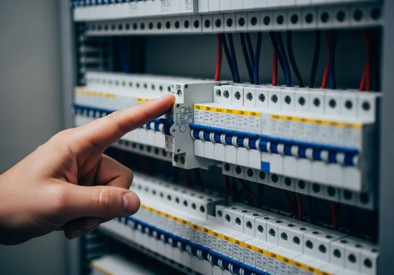 Elektriker betätigt LS-Schalter im Sicherungskasten — Sicherung wieder einlegen