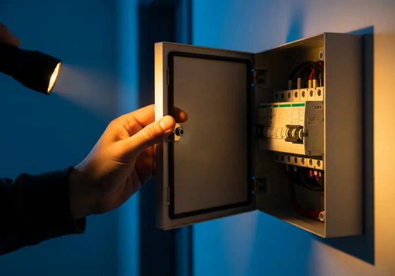 Elektriker öffnet Sicherungskasten in dunklem Hausflur — Stromausfall-Notdienst